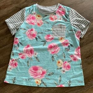 Blue flowered sleeve top with  Striped bodice